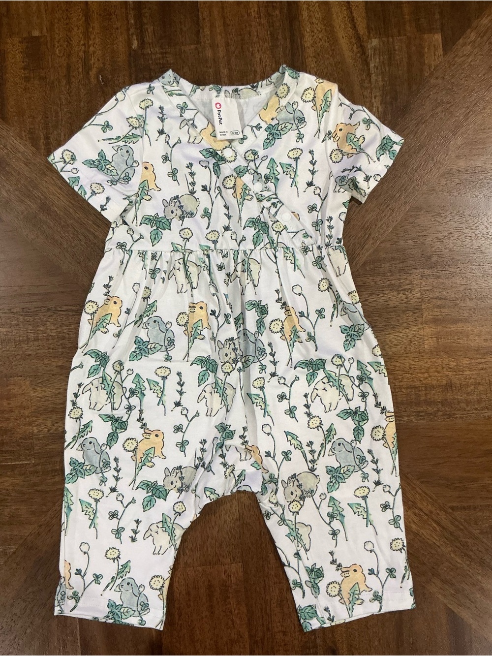 PatPat Cream Romper with Green & Yellow Animal Floral Print